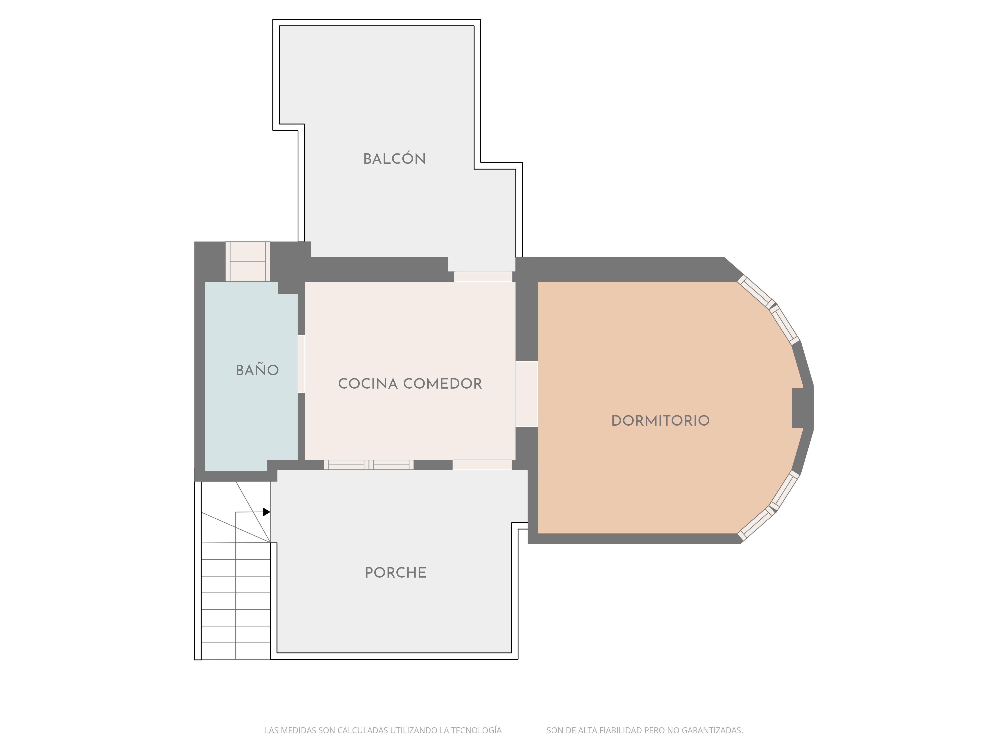 Plano detallado de la planta que muestra un dormitorio con pared curva, cocina-comedor central, baño completo, porche y balcón exterior.