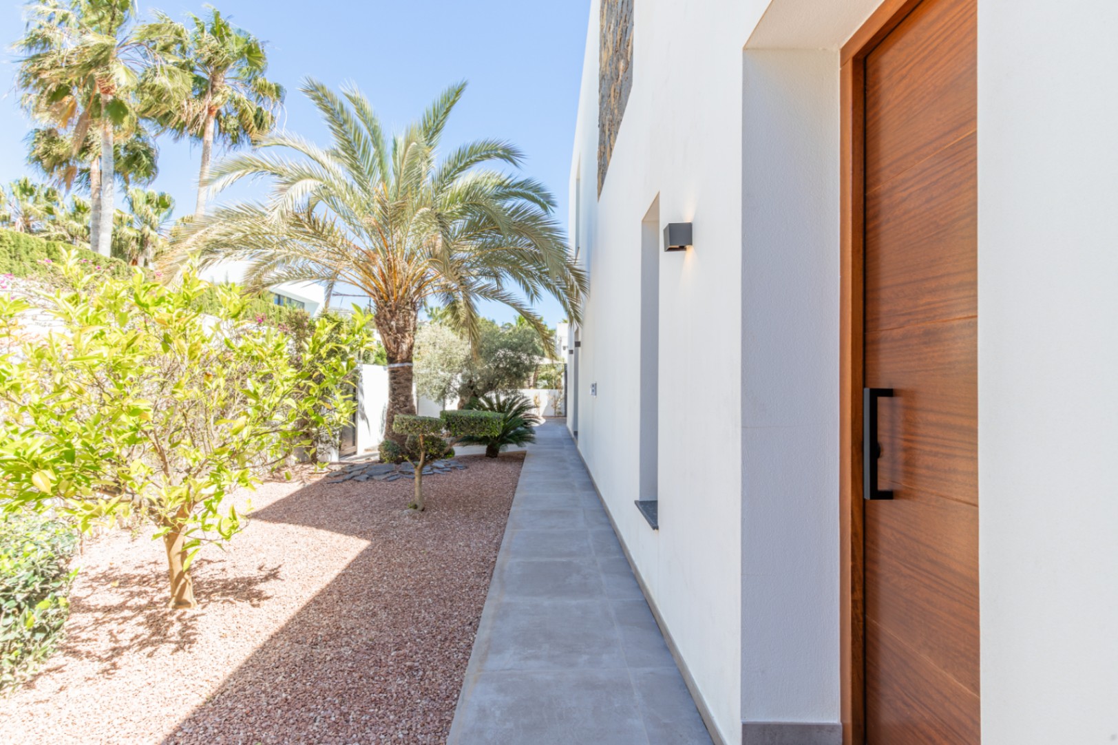 Entrada principal con puerta de madera maciza y tirador negro, flanqueada por un pasillo lateral pavimentado y un jardín mediterráneo con palmeras y cítricos.