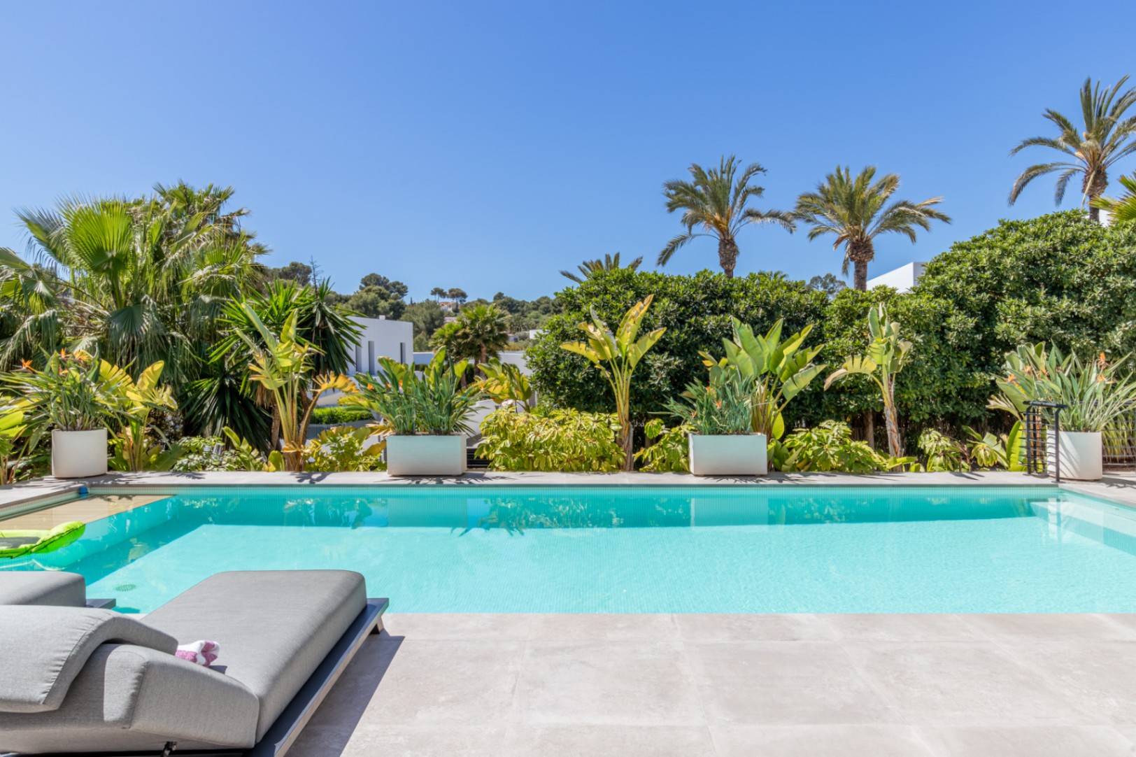 Piscina rectangular rodeada de una terraza de piedra clara, protegida por vegetación mediterránea madura y palmeras que garantizan total privacidad.