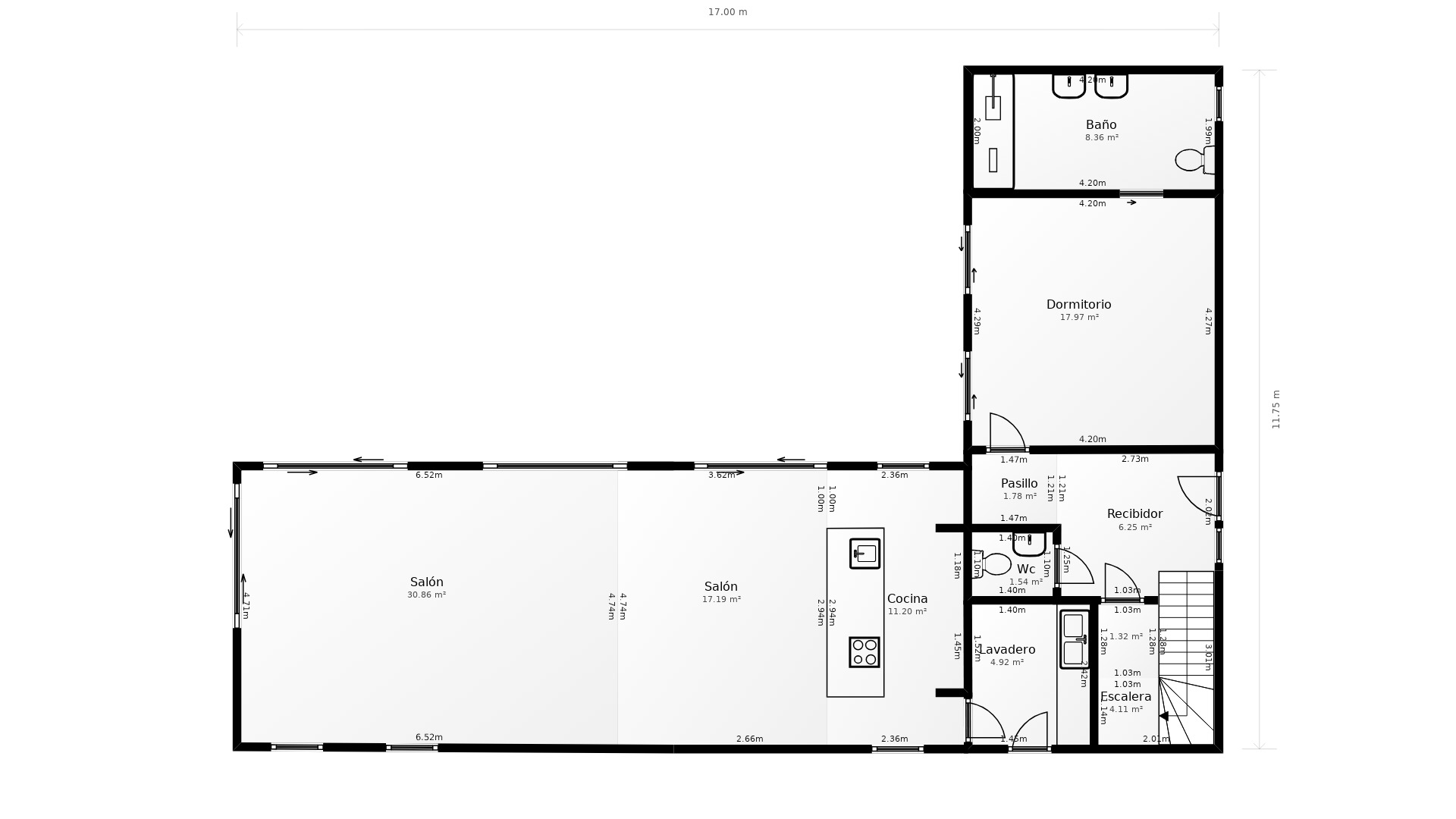 Plano detallado de la planta baja que muestra la distribución fluida del salón-comedor, cocina con isla, suite principal con baño privado y zonas funcionales como el lavadero.