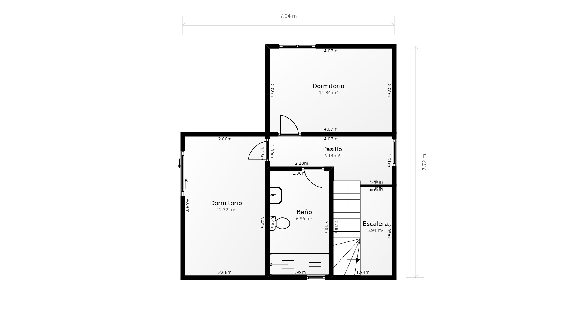 Plano detallado de la planta superior que muestra dos dormitorios, un baño completo, pasillo distribuidor y la zona de escalera con medidas precisas.