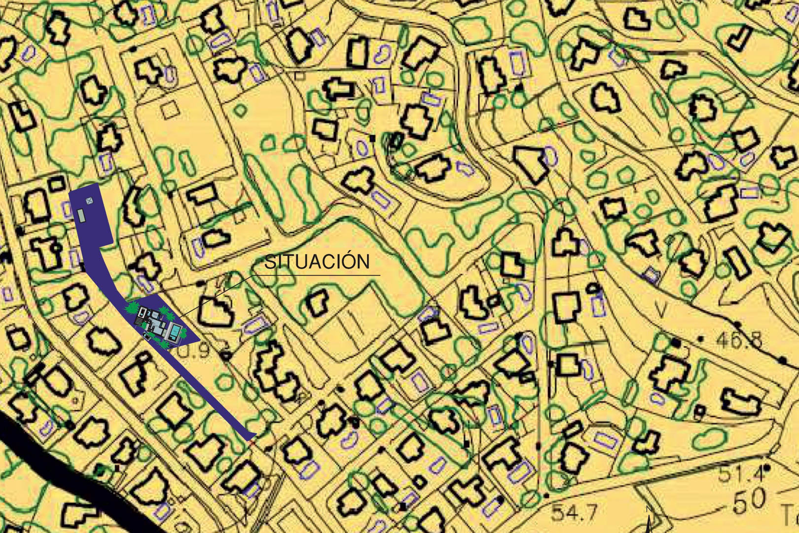 Plano de situación catastral que detalla la ubicación exacta de la propiedad y su extensa parcela de 1.715 m2 en una zona residencial consolidada.