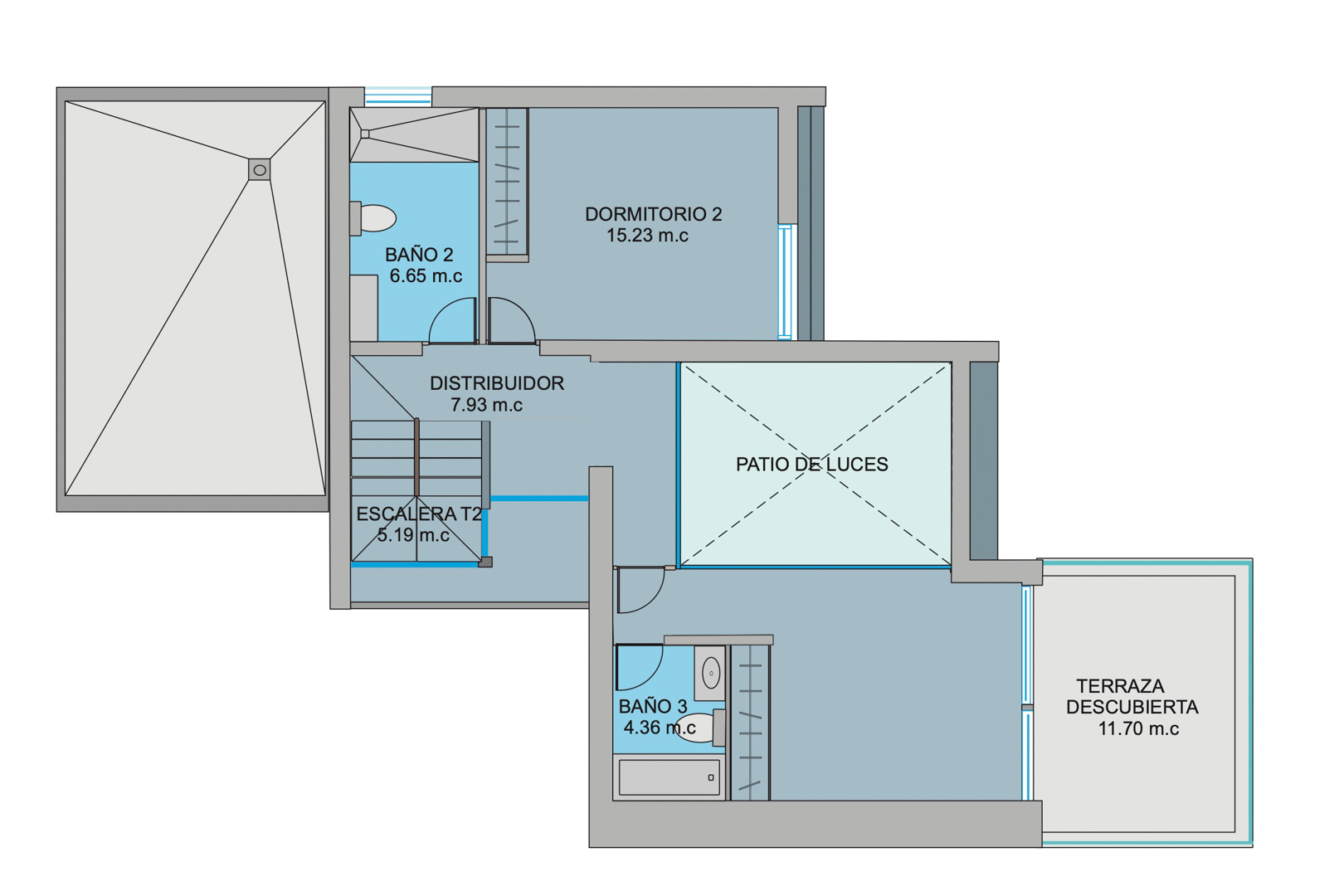 Plano detallado de la planta superior que incluye el segundo dormitorio, dos cuartos de baño, zona de distribución y una terraza descubierta de 11,70 m².
