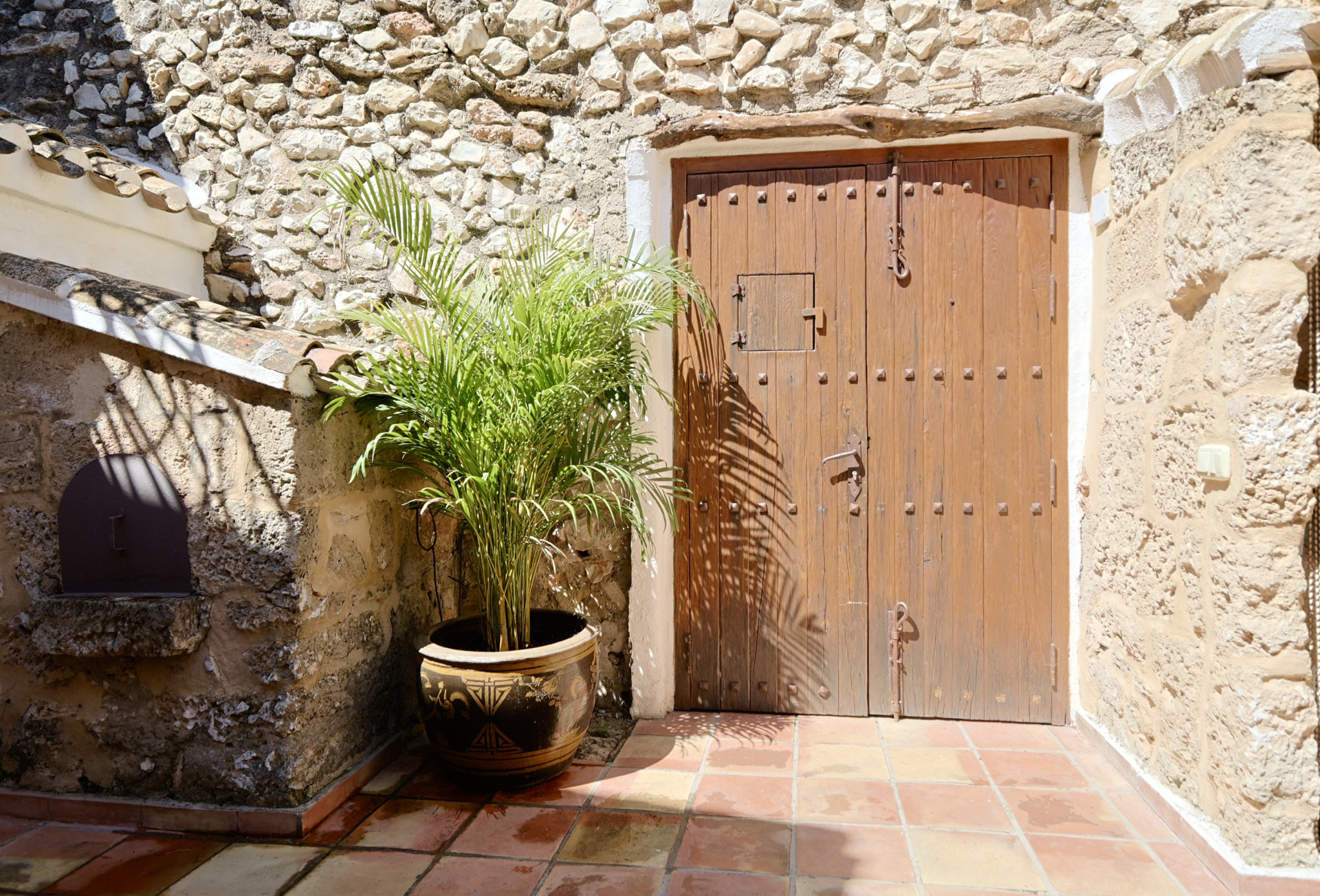 Entrada rústica con puerta de madera tachonada y pared de piedra, junto a una maceta con planta.