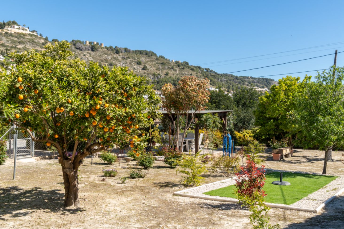 Jardín mediterráneo con naranjos en producción, zona de comedor exterior bajo pérgola y vistas despejadas a los emblemáticos molinos de Jávea sobre la colina.