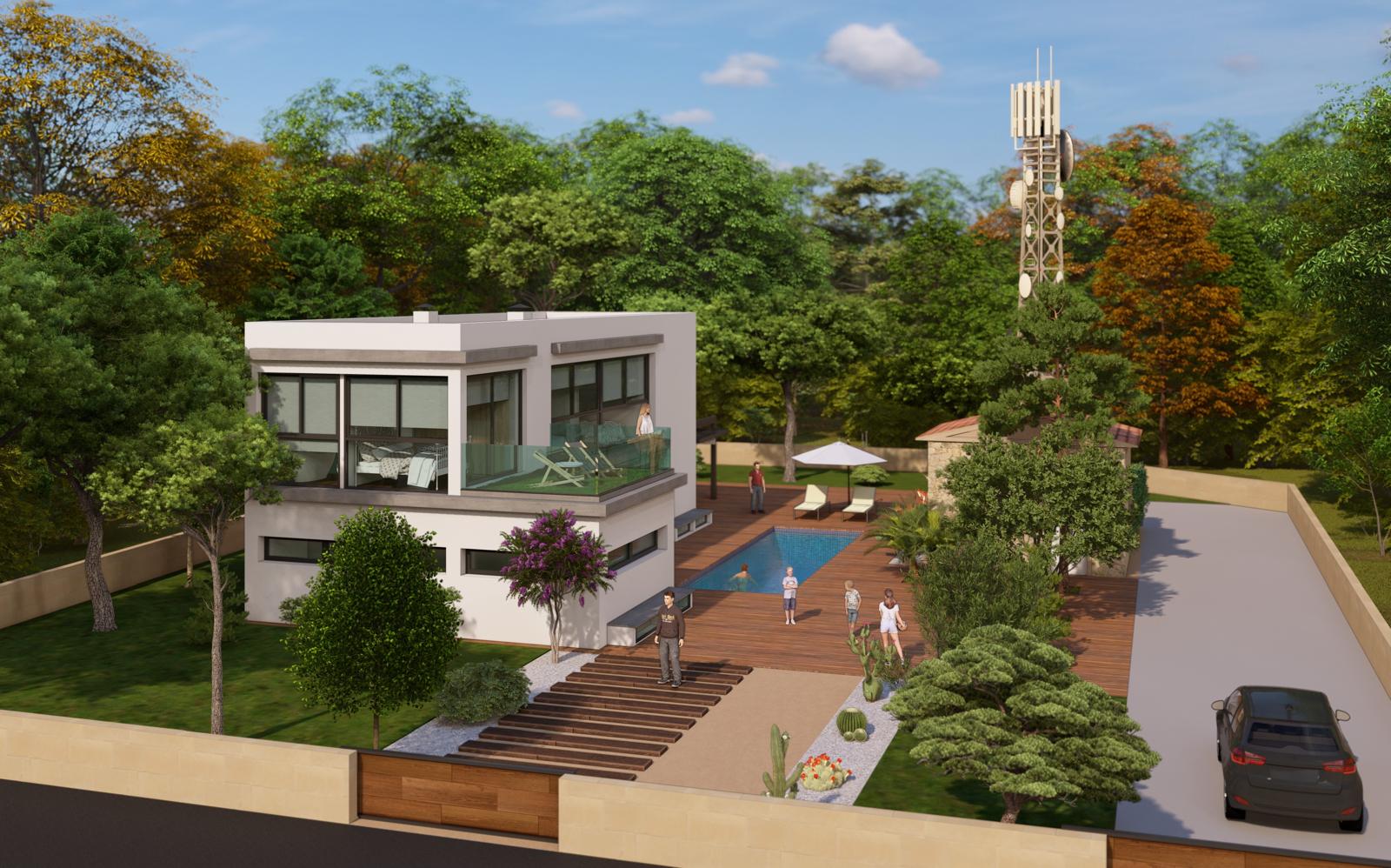 Visualización de una moderna casa de dos plantas con piscina y jardín exuberante.