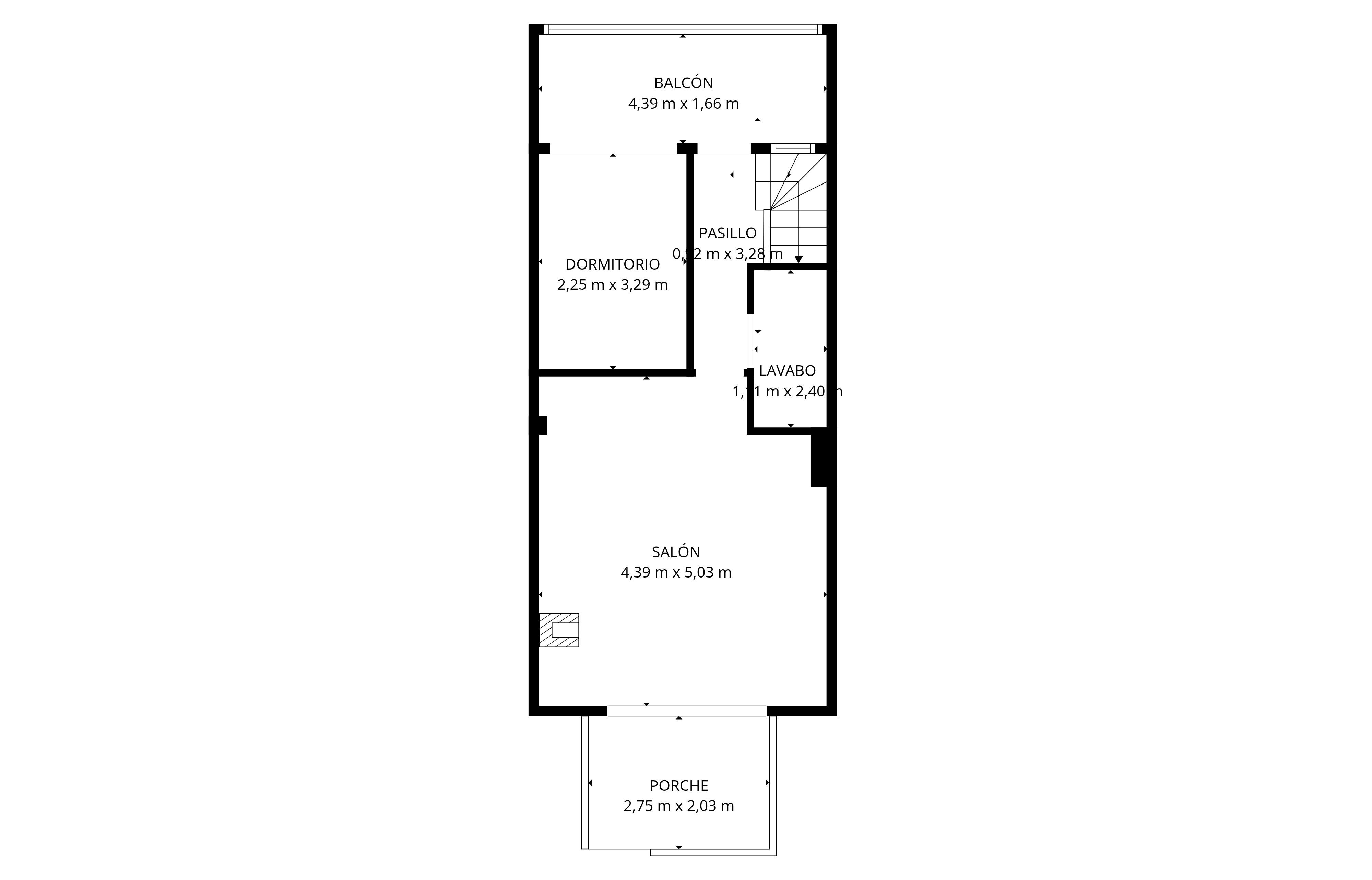 Plano arquitectónico detallado de una vivienda de dos plantas con balcón, salón, dormitorio y porche.