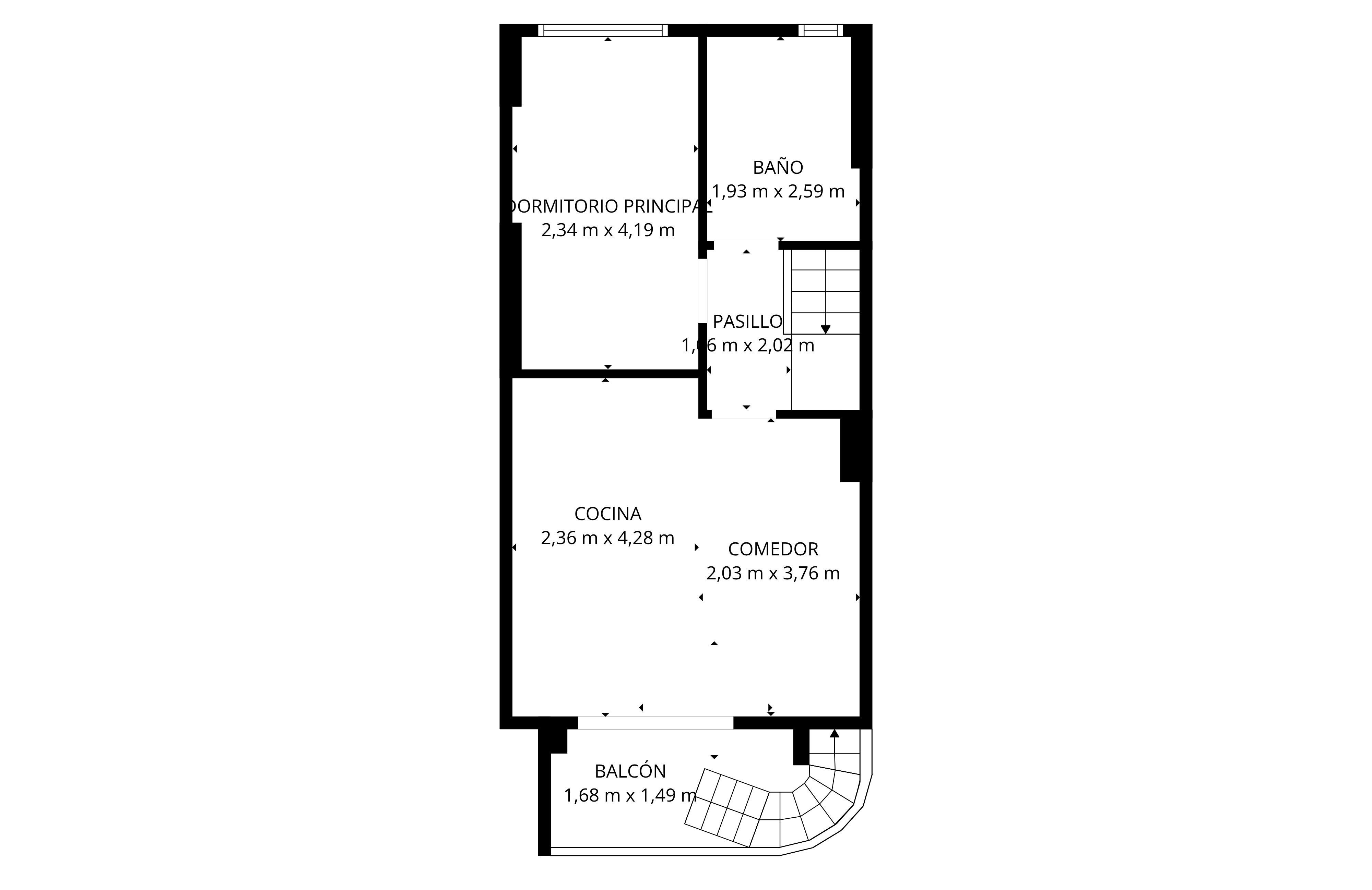 Plano arquitectónico que muestra la distribución de un apartamento de dos plantas con balcón y terraza.
