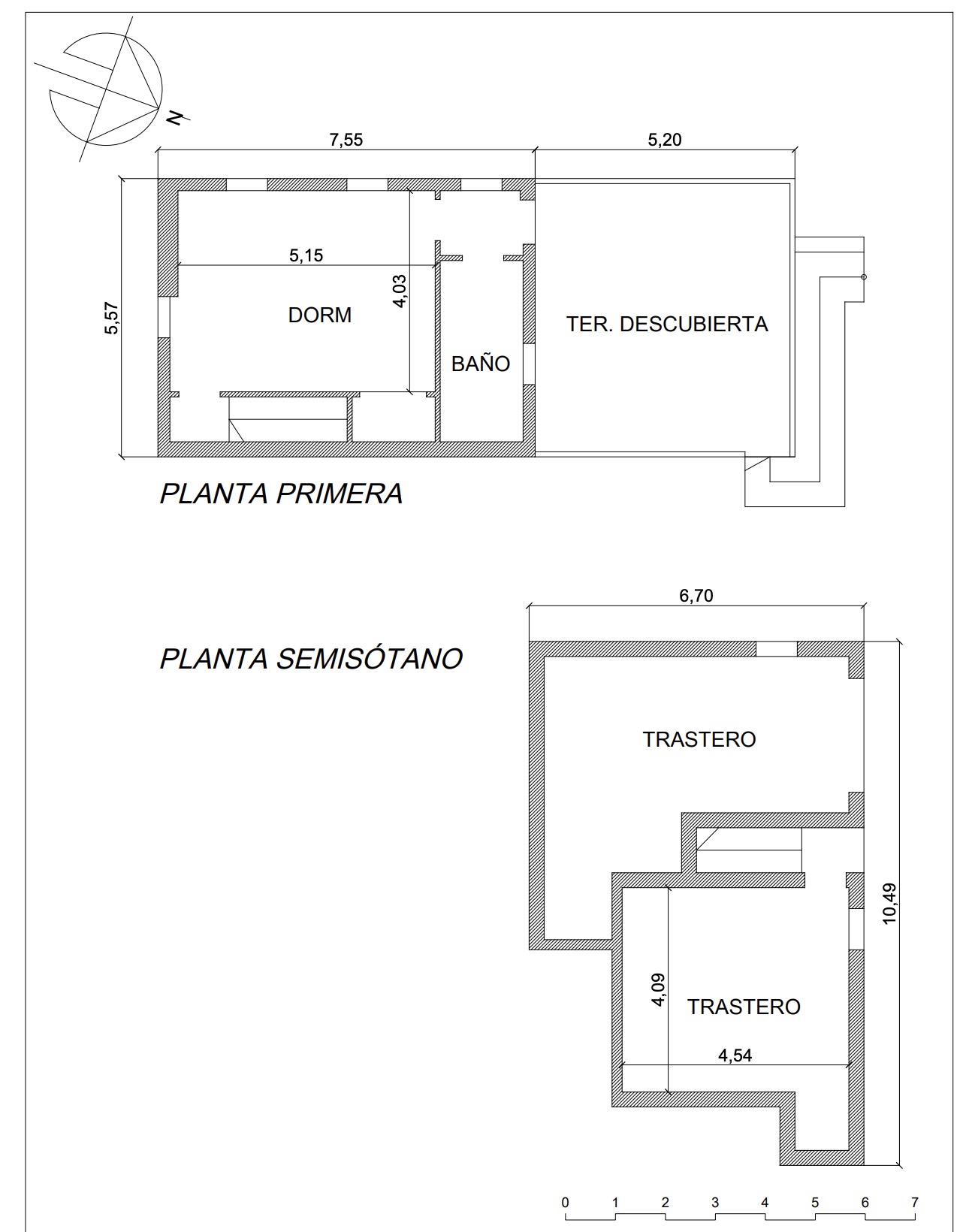 Plano de la planta primera y semisótano con medidas.