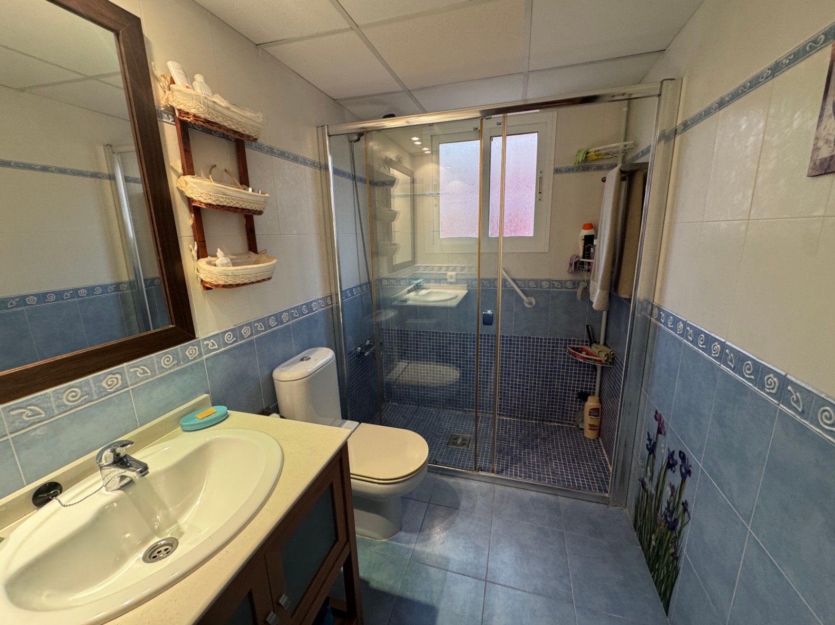 Cuarto de baño con azulejos azules decorativos, cabina de ducha con mampara y lavabo con mueble de madera.