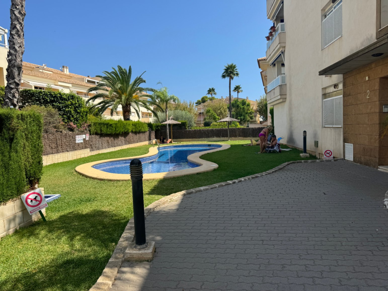 Piscina exterior de diseño curvo rodeada de césped natural, palmeras y sombrillas de brezo junto a un edificio residencial con balcones.