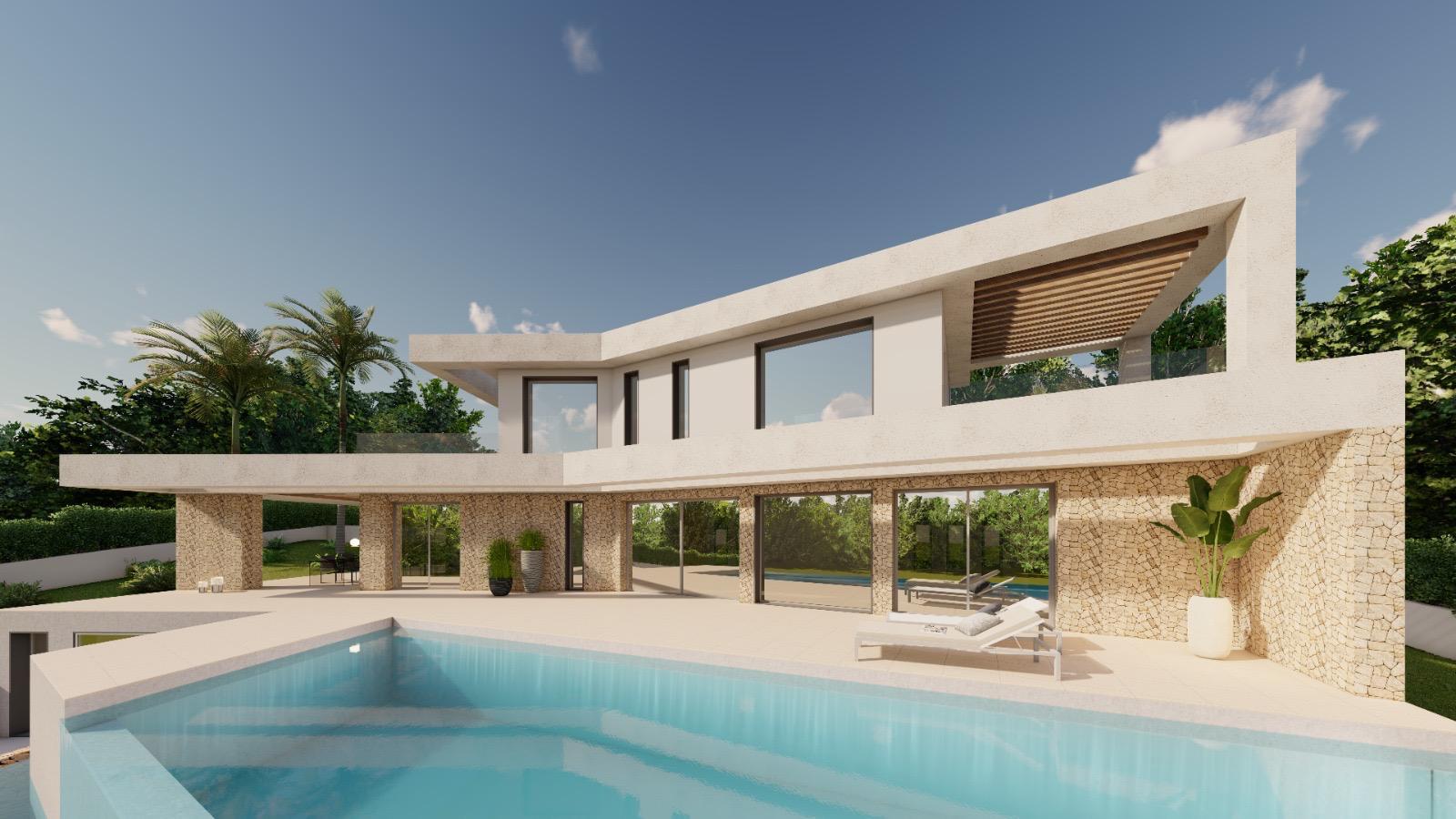Villa moderna de dos niveles con planta baja de piedra natural, terraza superior con pérgola de madera y una amplia piscina rodeada de vegetación mediterránea.