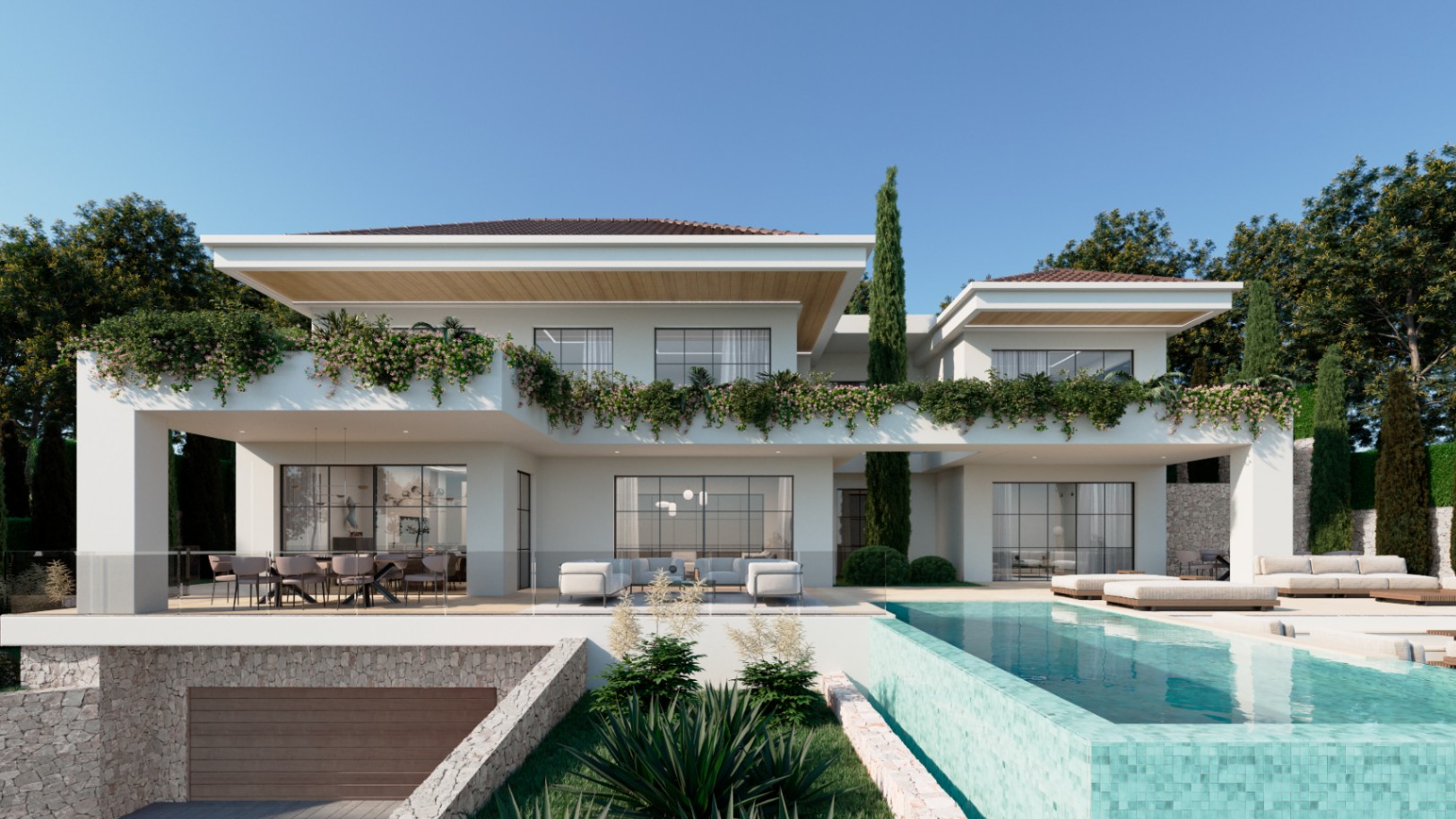 Villa moderna de dos niveles con piscina infinita, terraza equipada para comedor exterior y fachada blanca con techos de madera y vegetación colgante.