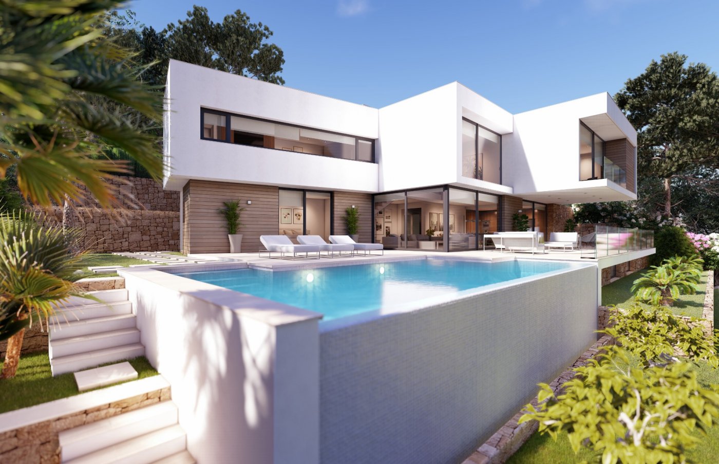 Villa moderna de dos niveles con volúmenes blancos, revestimiento de madera y piscina infinita. La terraza incluye tumbonas y barandillas de cristal frente a un jardín mediterráneo.