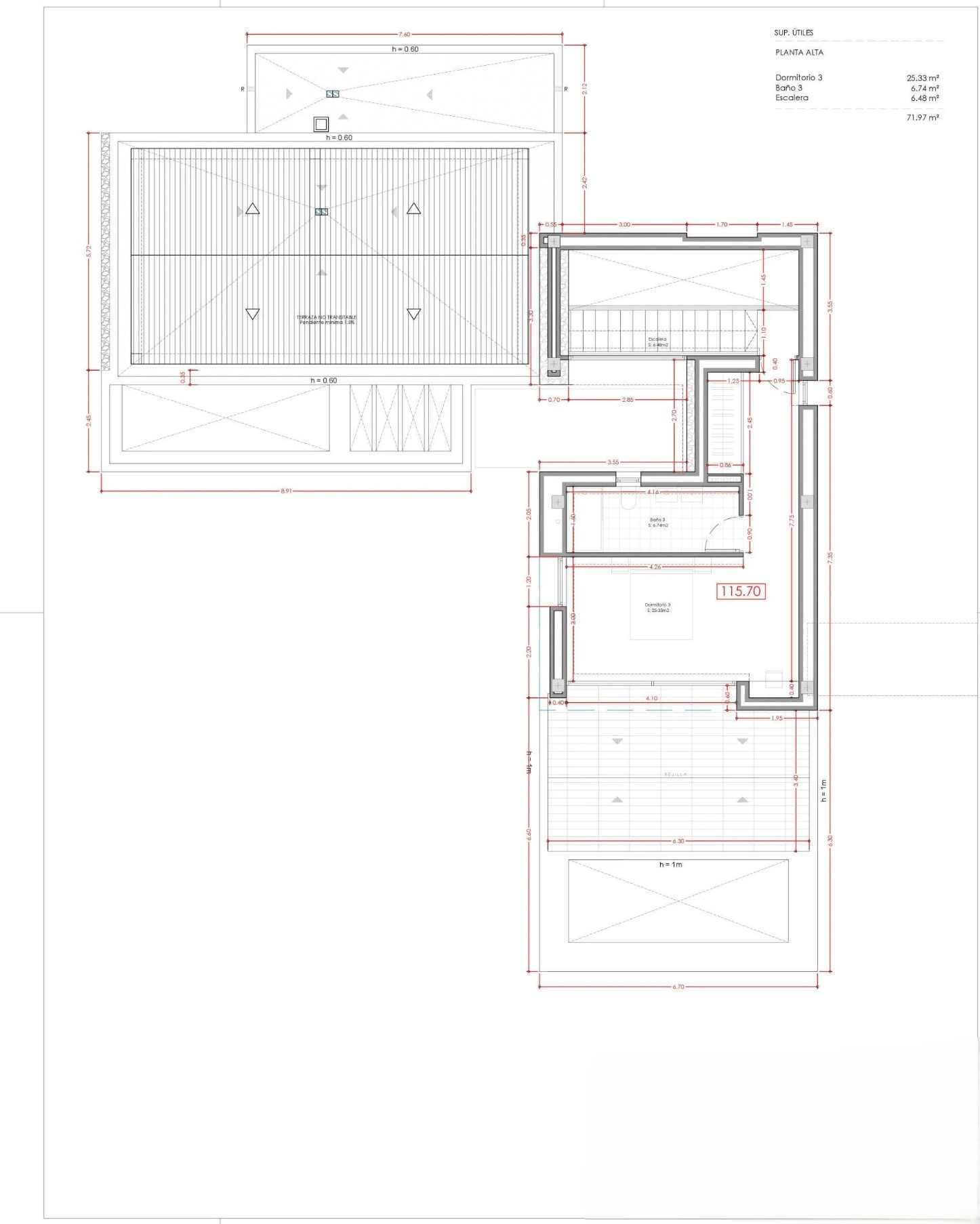 Plano arquitectónico de la planta alta que detalla el dormitorio 3, baño privado y escalera, con una superficie útil total de 71,97 m² y cotas técnicas.