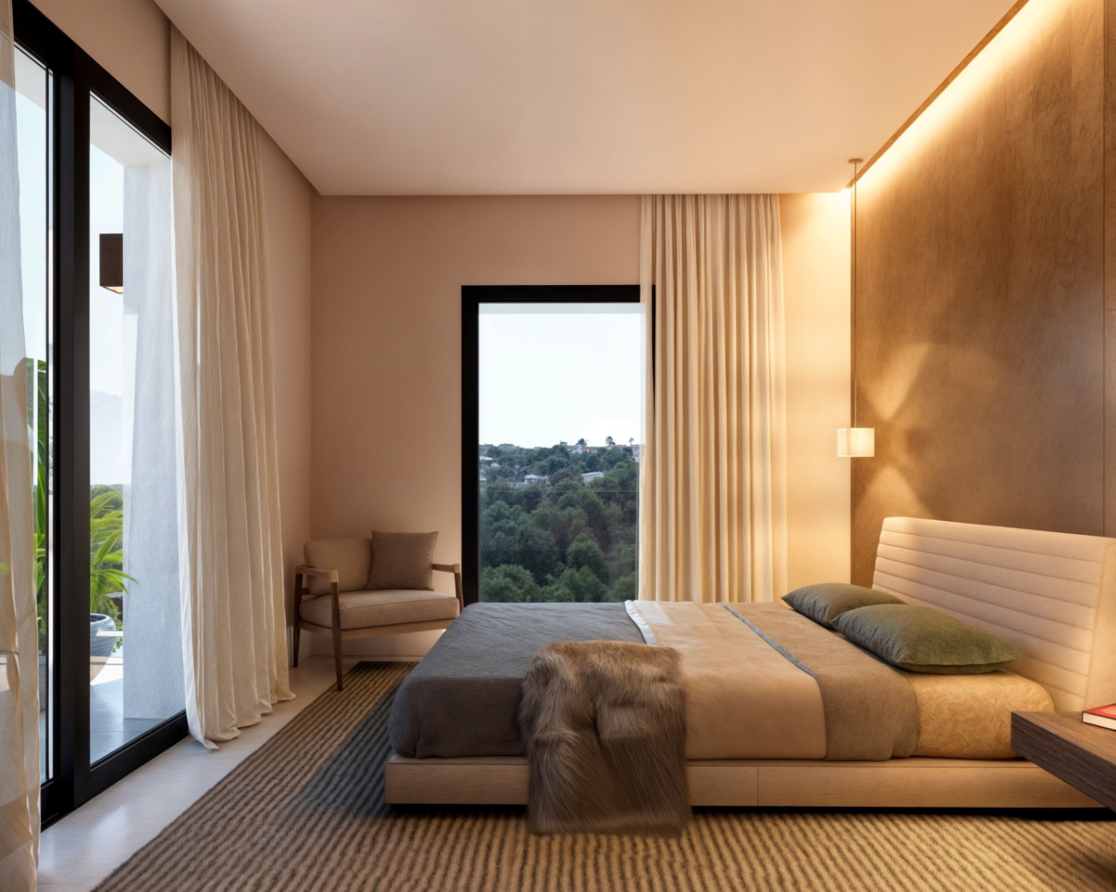 Dormitorio principal moderno con pared de acento texturizada, iluminación LED integrada, grandes ventanales hacia la terraza y vistas a un entorno boscoso.