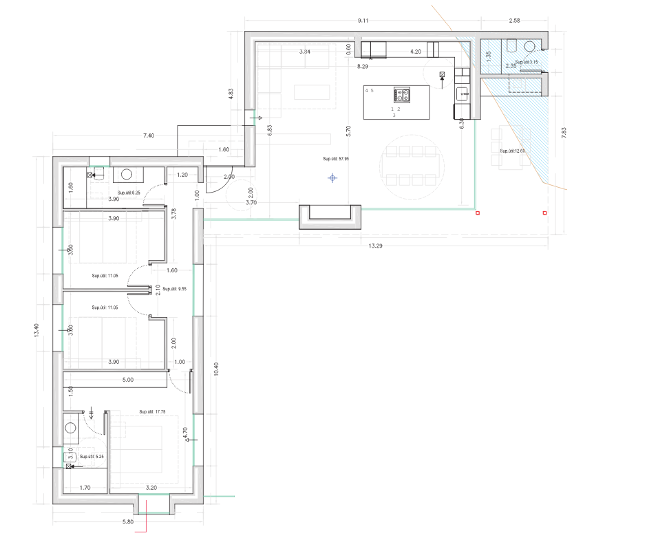 Plano técnico detallado que muestra una distribución en L con zona de estar diáfana de 57,95 m², tres dormitorios, dos baños y una terraza exterior de 12,60 m².