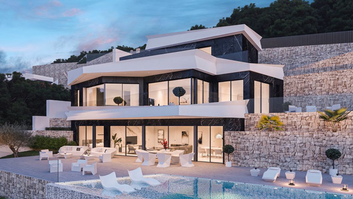 Villa moderna de tres niveles con fachada de mármol negro, voladizos blancos, amplia terraza con mobiliario de diseño y piscina frente a muros de piedra natural.