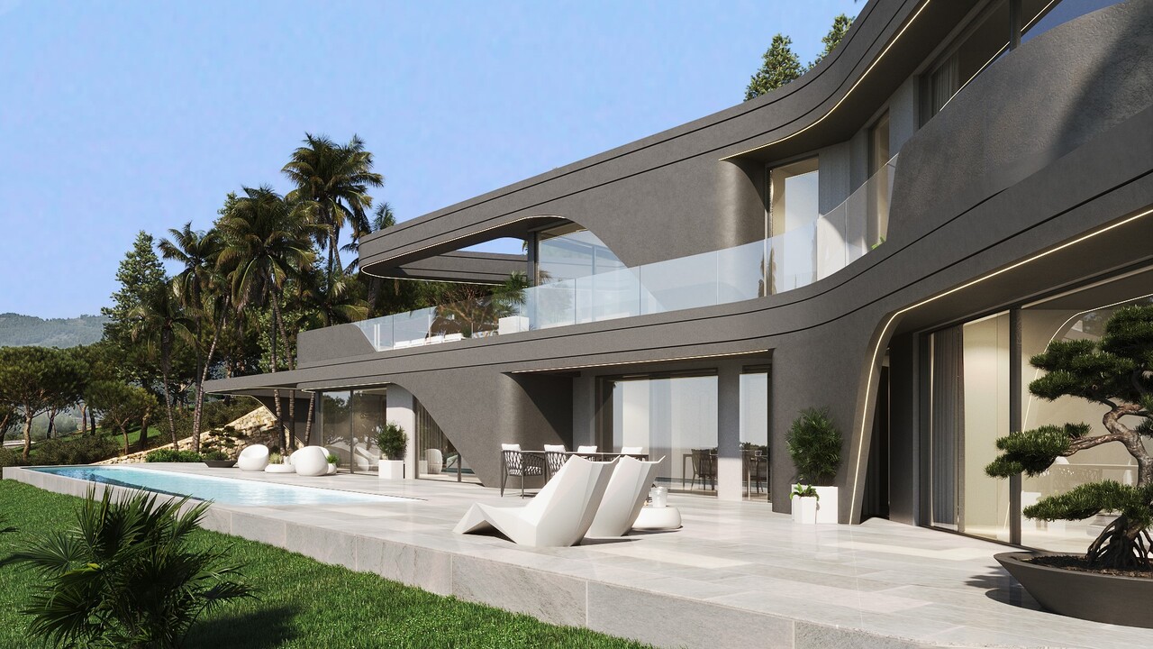 Villa moderna de dos niveles con fachada curva oscura, piscina infinita y terraza de piedra. Destaca la iluminación LED integrada y el mobiliario exterior minimalista.