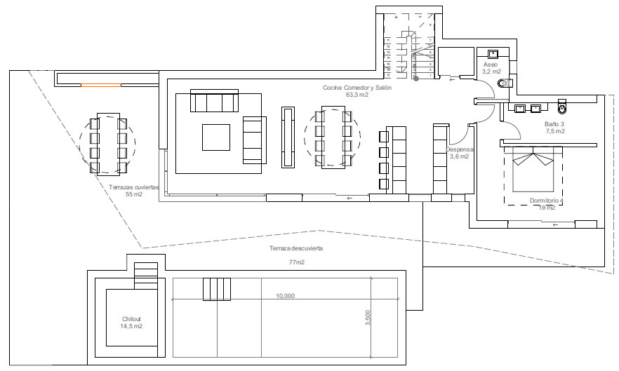 Plano arquitectónico de la planta baja con salón-comedor, cocina, dormitorio, terrazas cubiertas y descubierta, y chillout con piscina.