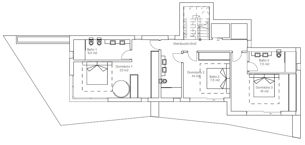 Plano arquitectónico de la planta superior con tres dormitorios en suite y distribución.