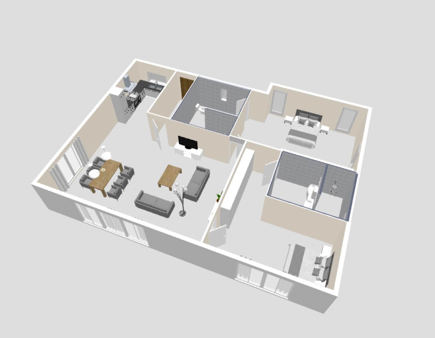 Plano de planta de la villa en Jávea, mostrando la distribución del salón-comedor, cocina, dormitorios y baños en suite.