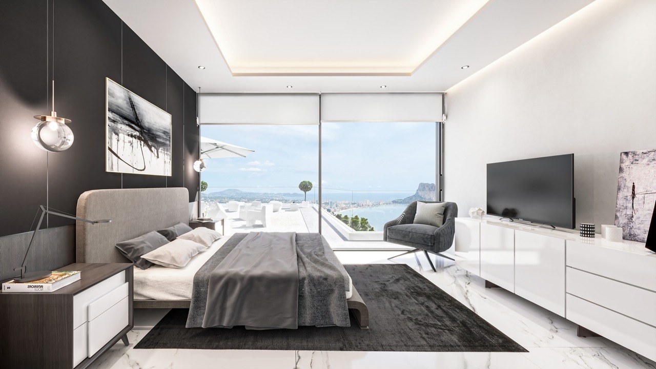 Dormitorio con cama doble, alfombra oscura y vistas al mar a través de amplios ventanales.