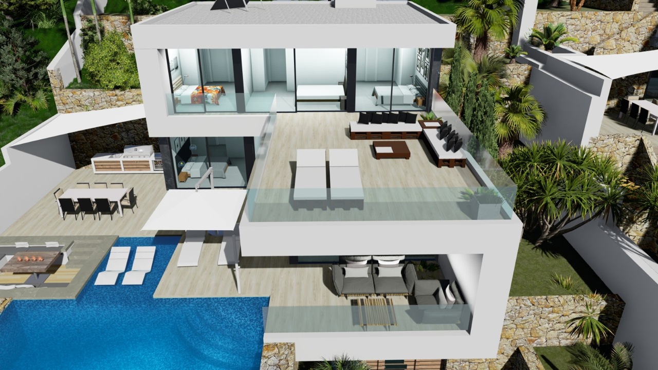 Vista aérea de la villa con piscina azul, terraza con tumbonas y sala de estar exterior.