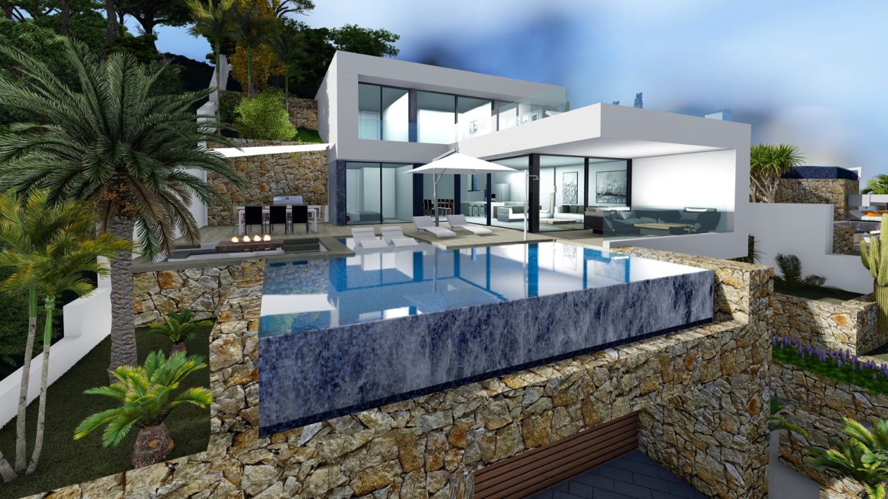 Vista de la piscina infinita con borde de granito y zona de estar exterior con barbacoa integrada.