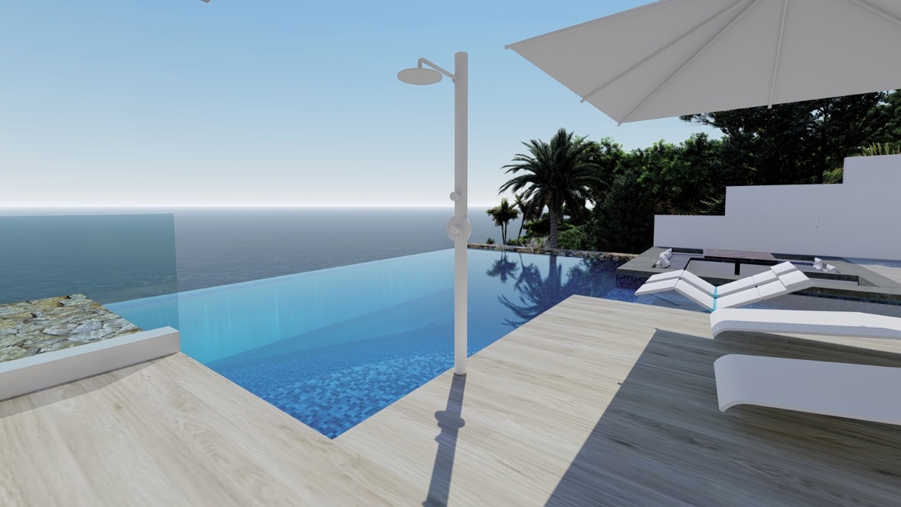 Vista de la piscina infinita con ducha y tumbonas blancas con vistas al mar.
