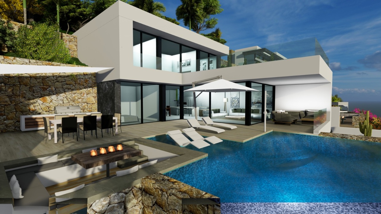 Vista de la terraza con piscina infinita, zona de barbacoa y comedor al aire libre en villa moderna.
