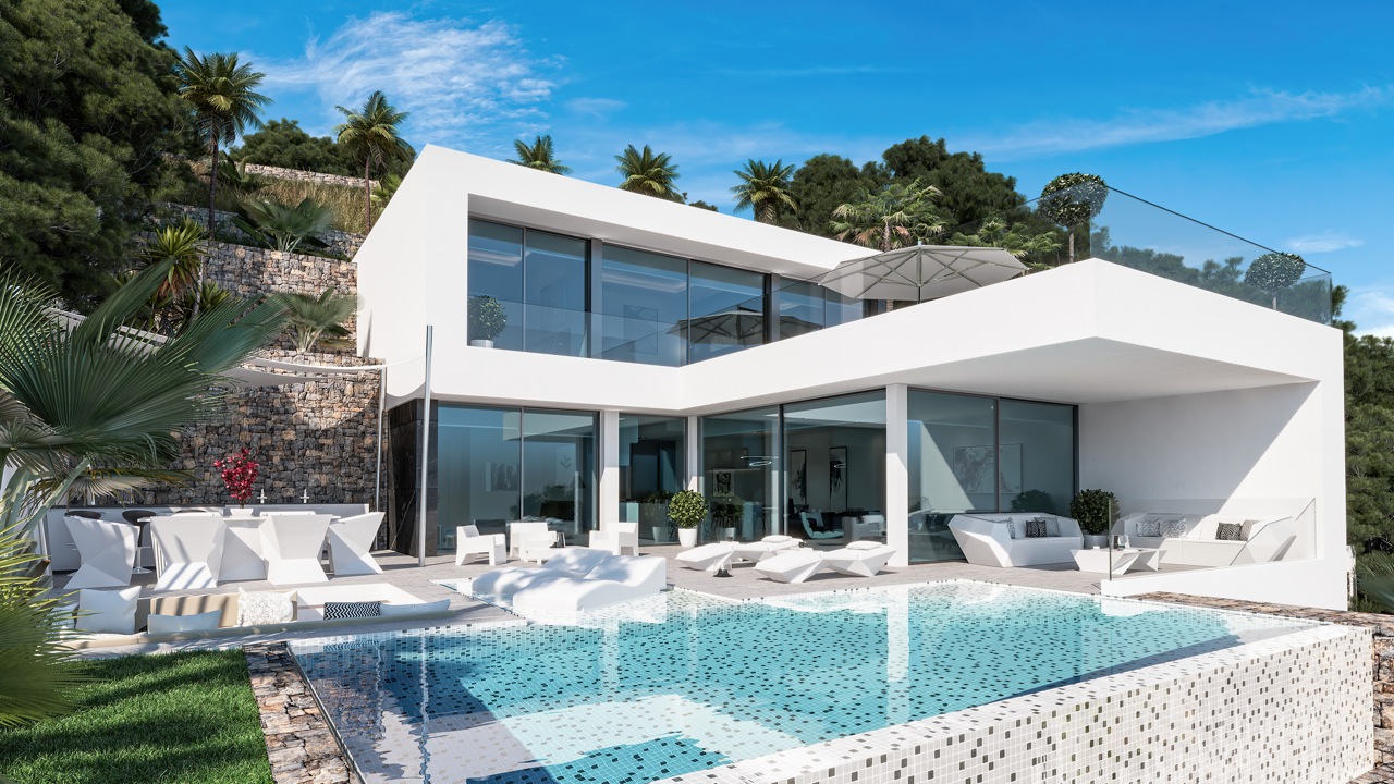 Vista exterior de la villa con piscina infinita, terraza con mobiliario moderno y diseño arquitectónico minimalista.