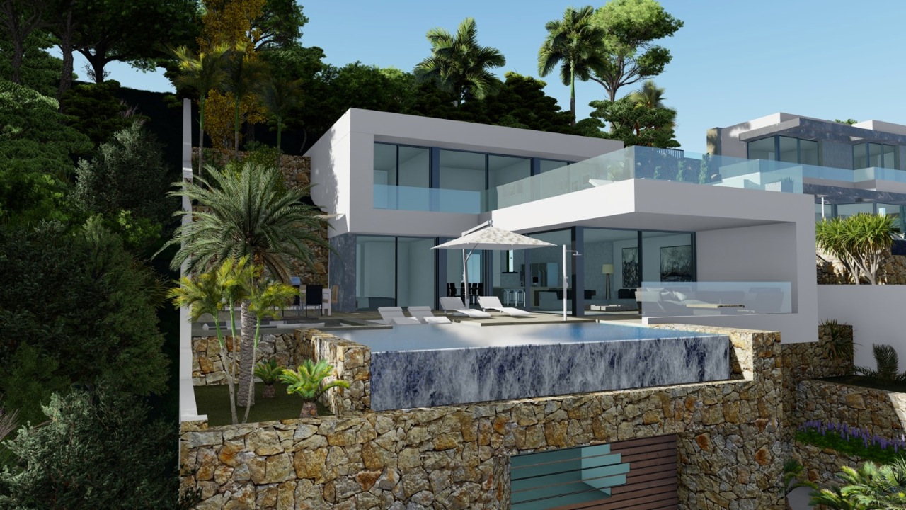 Vista exterior de la villa con piscina infinita y fachada de piedra natural.