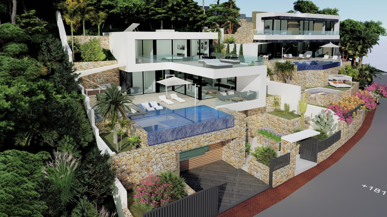 Vista exterior de la villa moderna con piscina infinita y terrazas escalonadas en ladera.