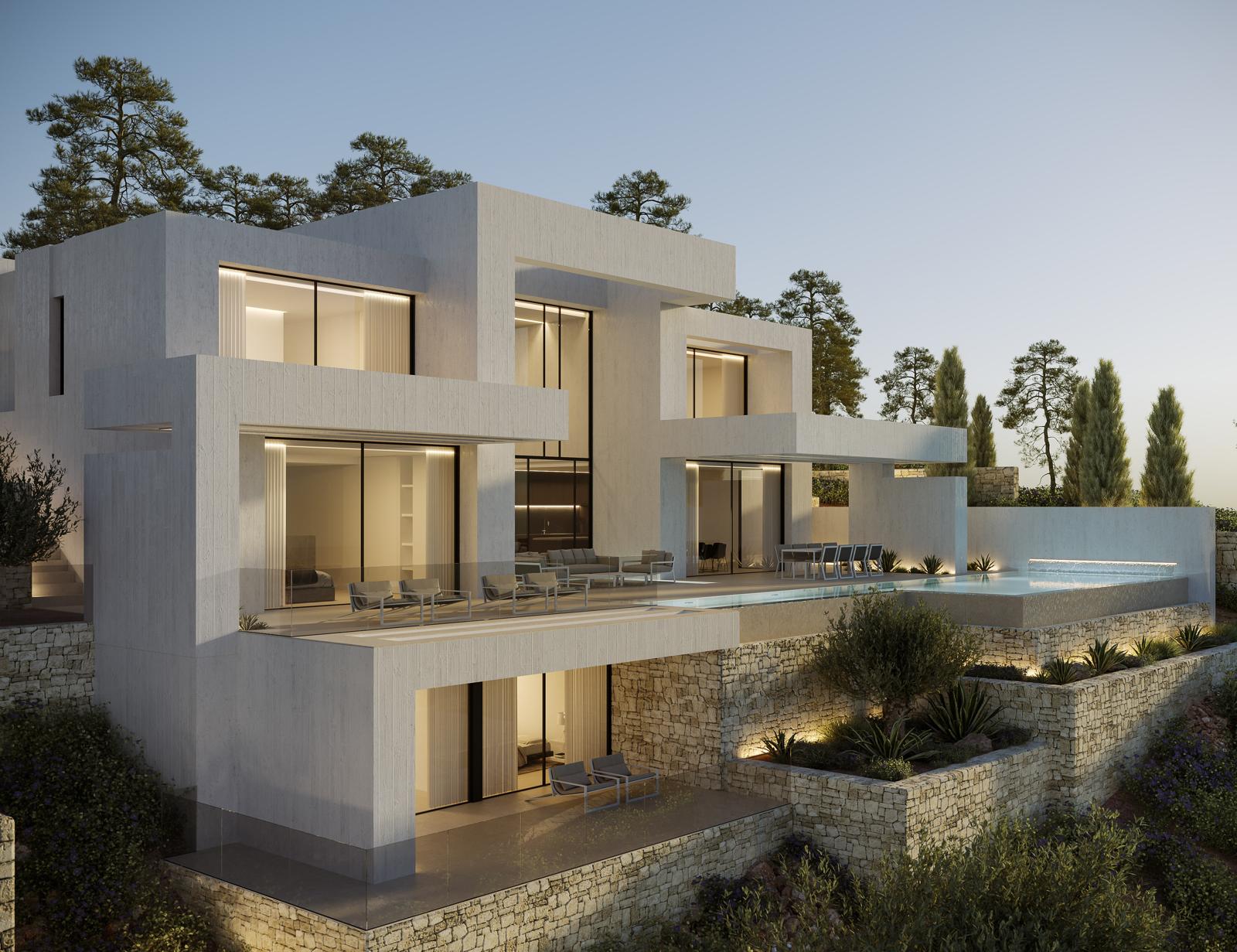 Fachada de diseño geométrico en tres niveles con amplios ventanales, terrazas con barandillas de cristal y piscina infinita integrada en bancales de piedra natural.