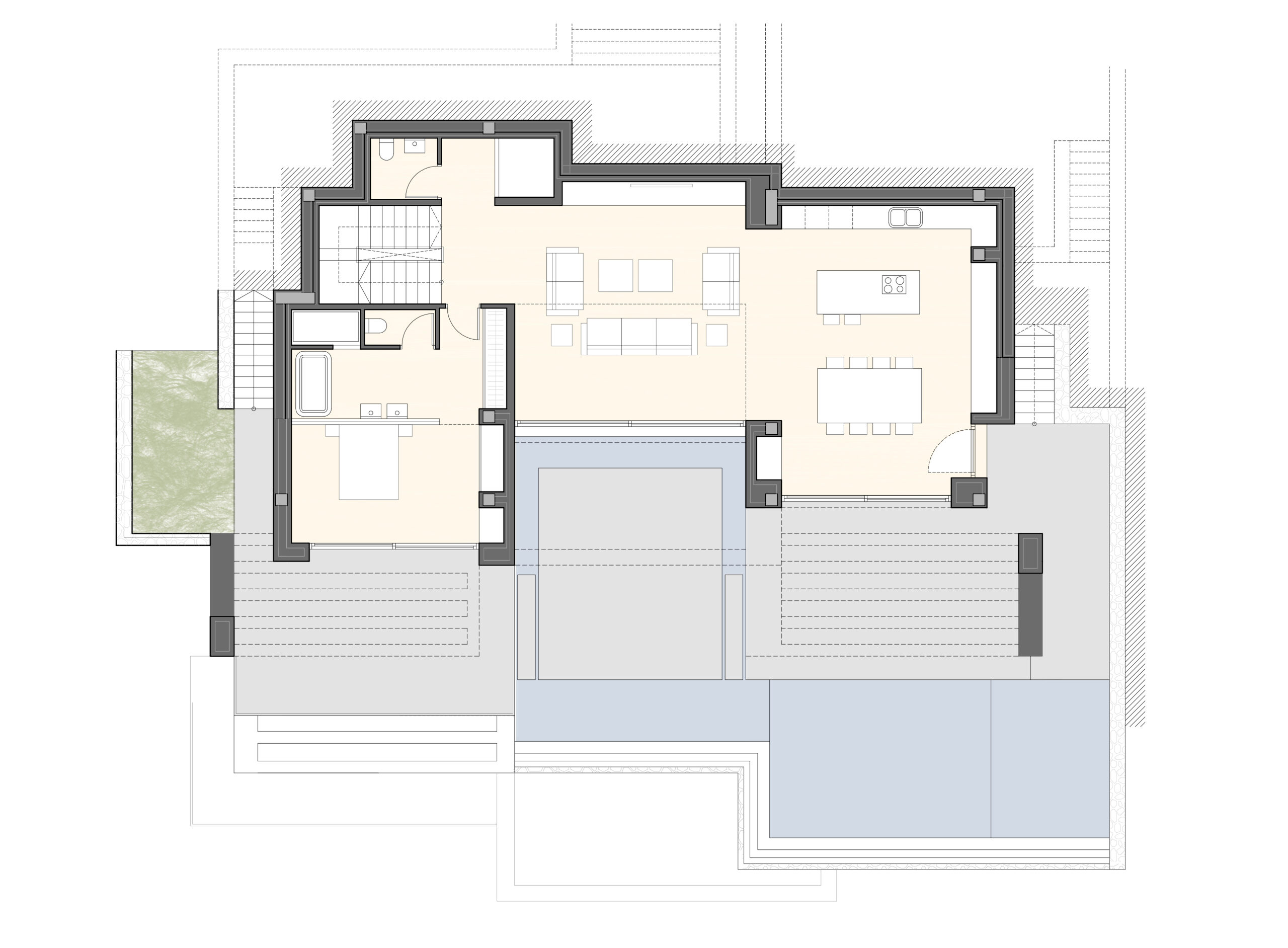 Plano detallado de la planta baja que muestra el salón de concepto abierto, cocina con isla, dormitorio principal en suite y la amplia terraza exterior con piscina.