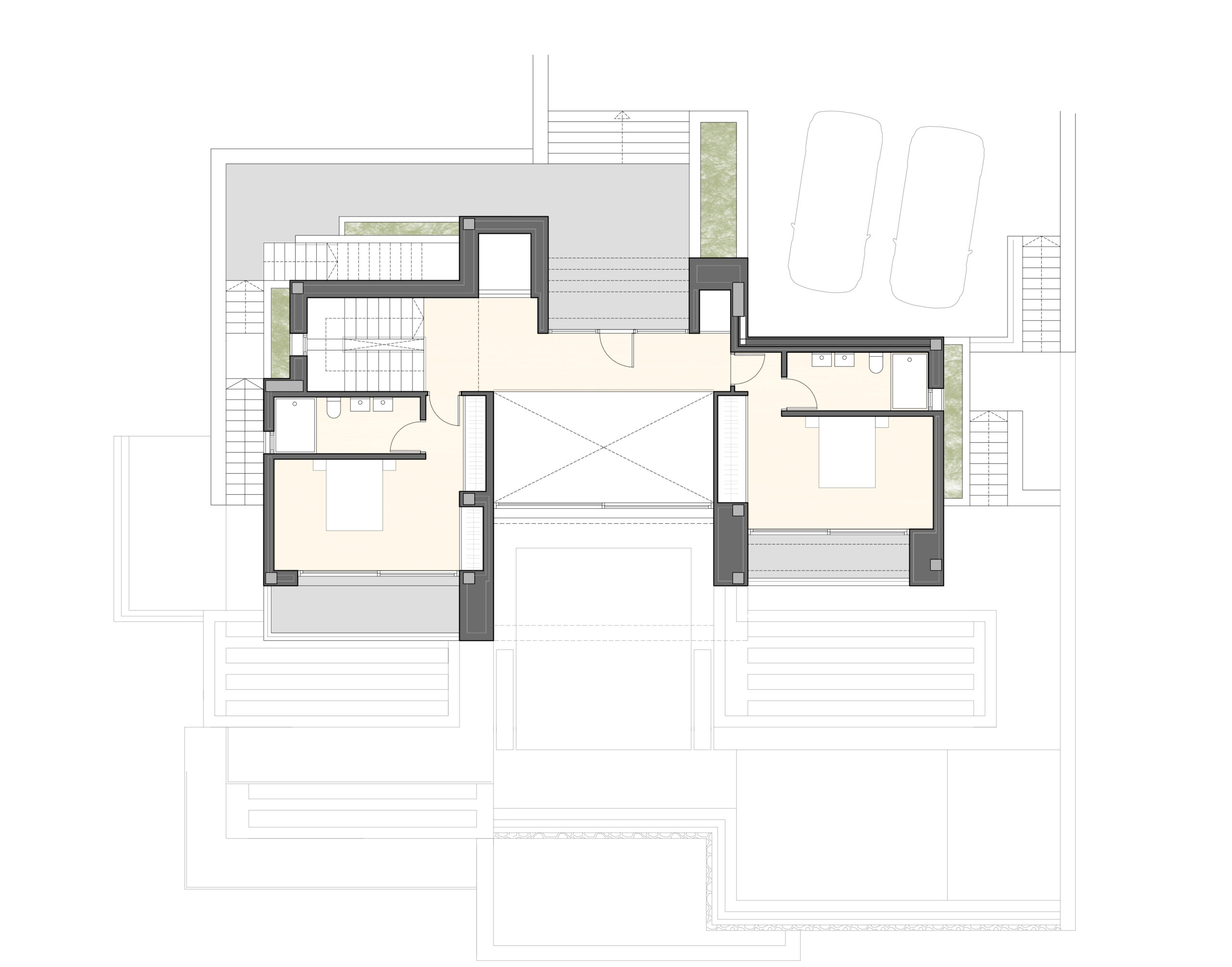 Plano detallado de la primera planta que muestra el hall de entrada, dos dormitorios con baños en suite, terrazas privadas y la zona de aparcamiento exterior.