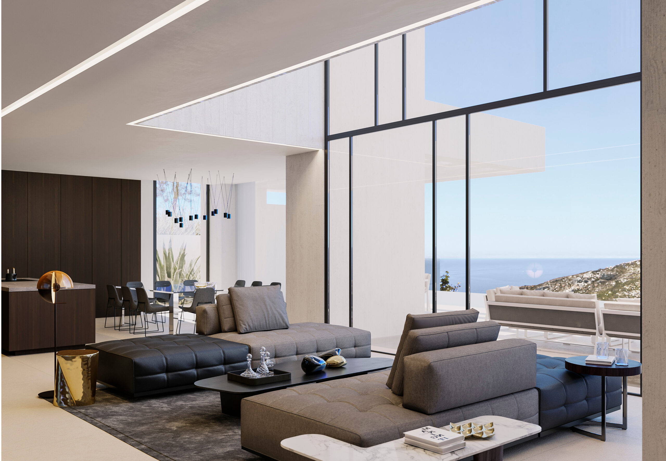 Salón de concepto abierto con amplios ventanales de suelo a techo, vistas panorámicas al mar y acceso directo a la terraza. Incluye mobiliario de diseño y techos de gran altura.