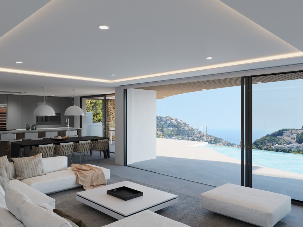 Salón de concepto abierto con amplios ventanales correderos que conectan el interior con la terraza y la piscina infinita, ofreciendo vistas panorámicas al mar.