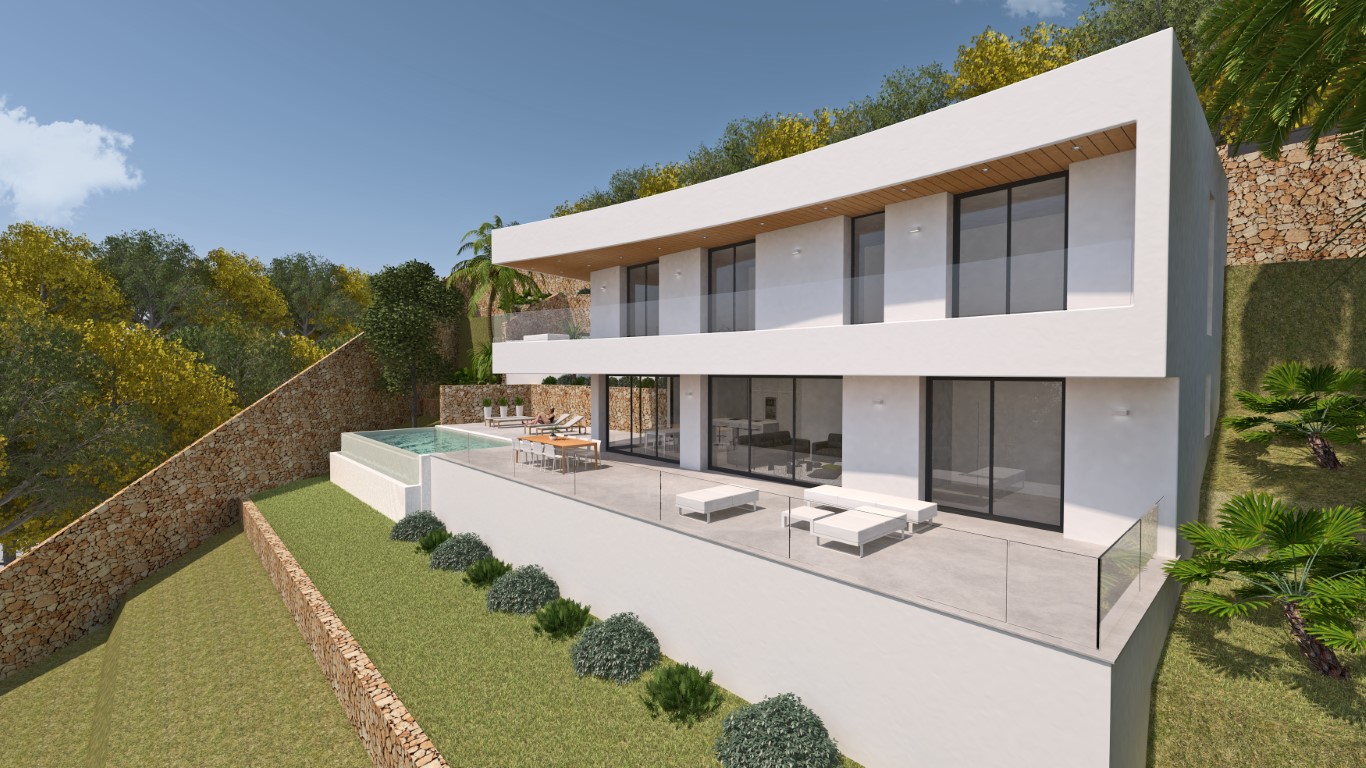 Vista exterior de la villa con fachada blanca, amplia terraza de gres, piscina infinita y muros de piedra seca integrados en el paisaje mediterráneo.