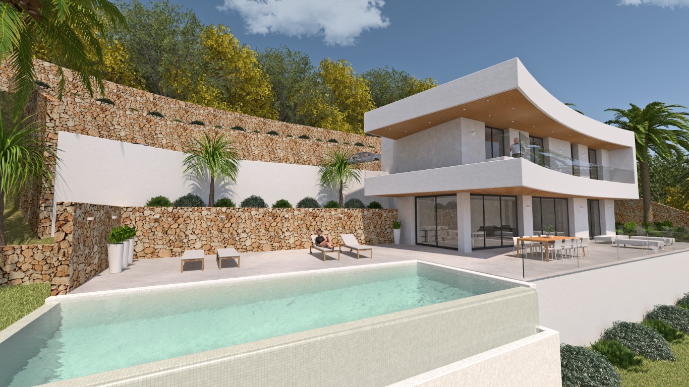 Vista exterior de la villa con piscina infinita, amplias terrazas y muros de piedra seca. La arquitectura curva integra techos de madera y grandes ventanales.