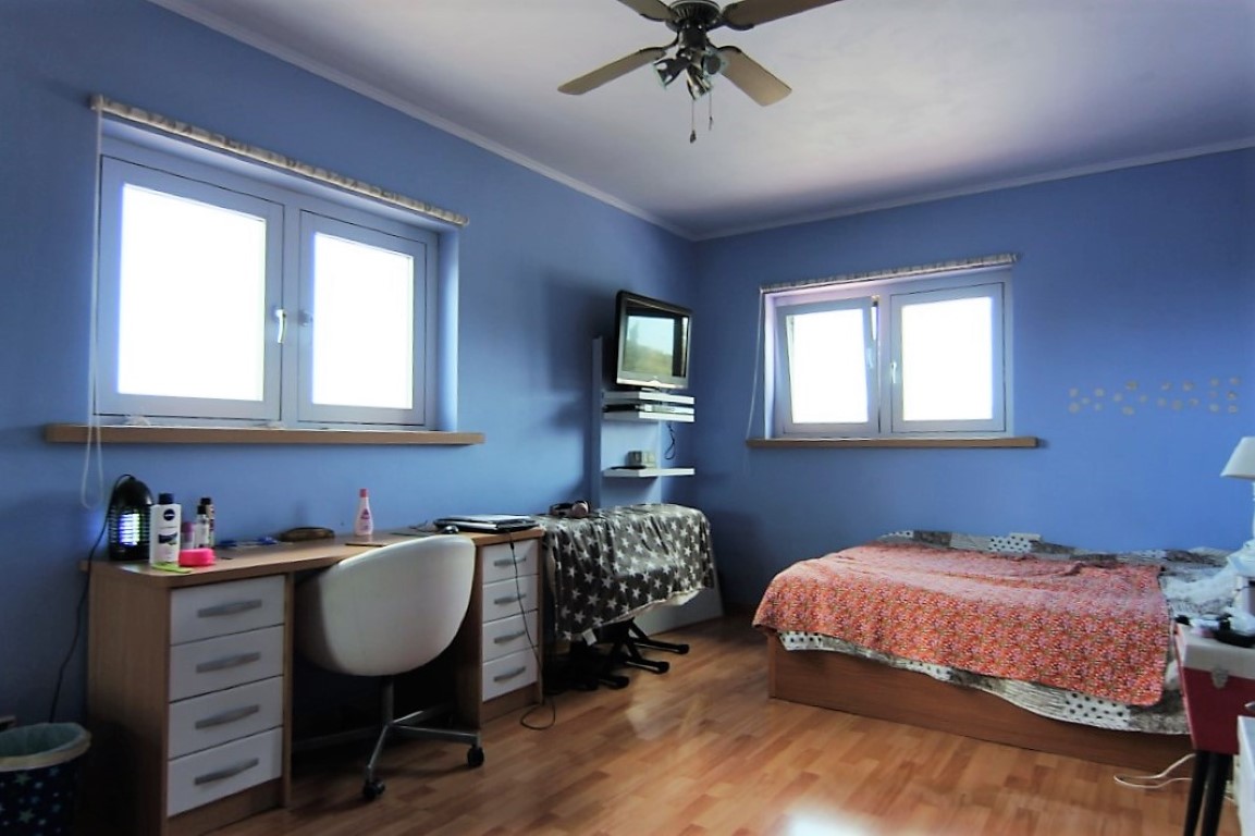 Dormitorio con paredes azules, suelo de madera, zona de escritorio y dos ventanas que proporcionan luz natural. Incluye un ventilador de techo funcional.
