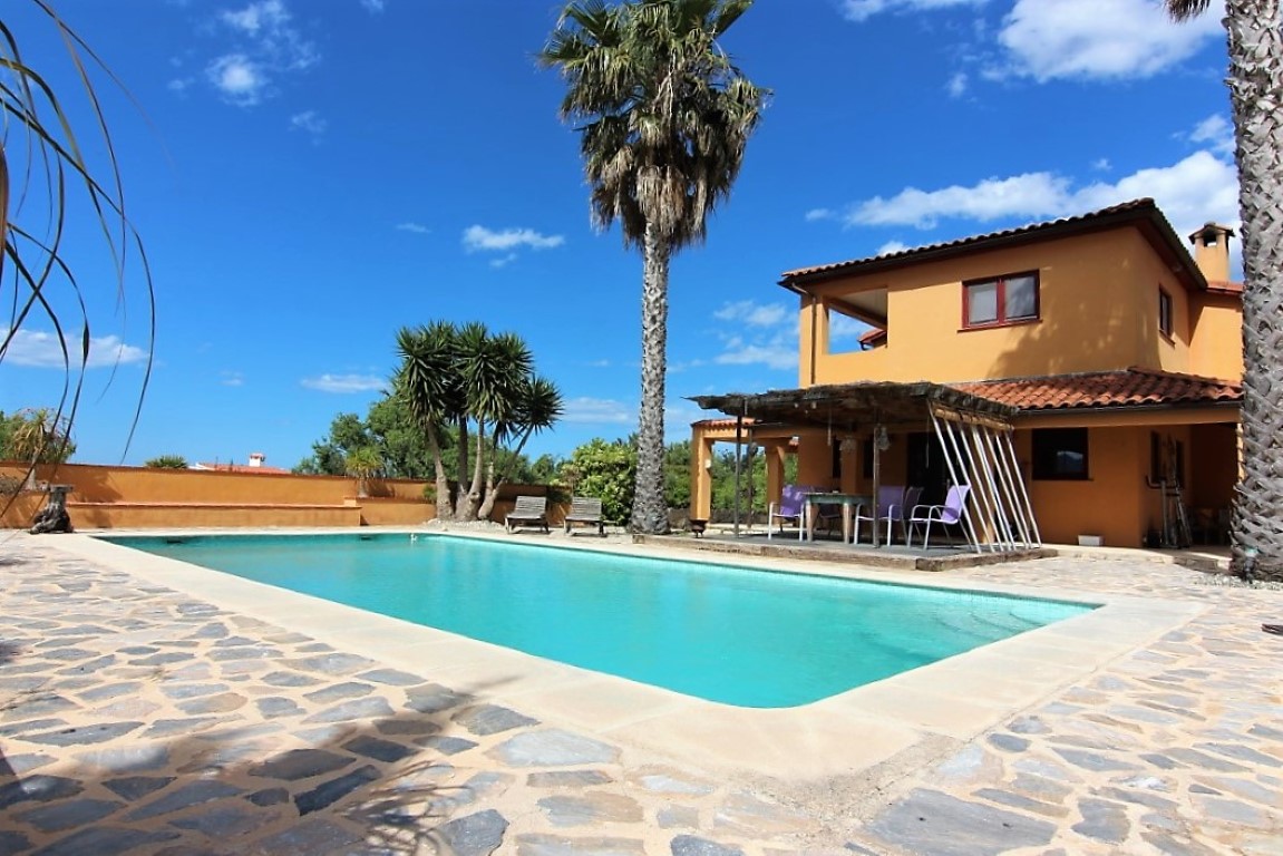 Exterior de la finca con una amplia piscina rectangular, terraza pavimentada en piedra natural y un porche rústico sombreado junto a palmeras maduras.