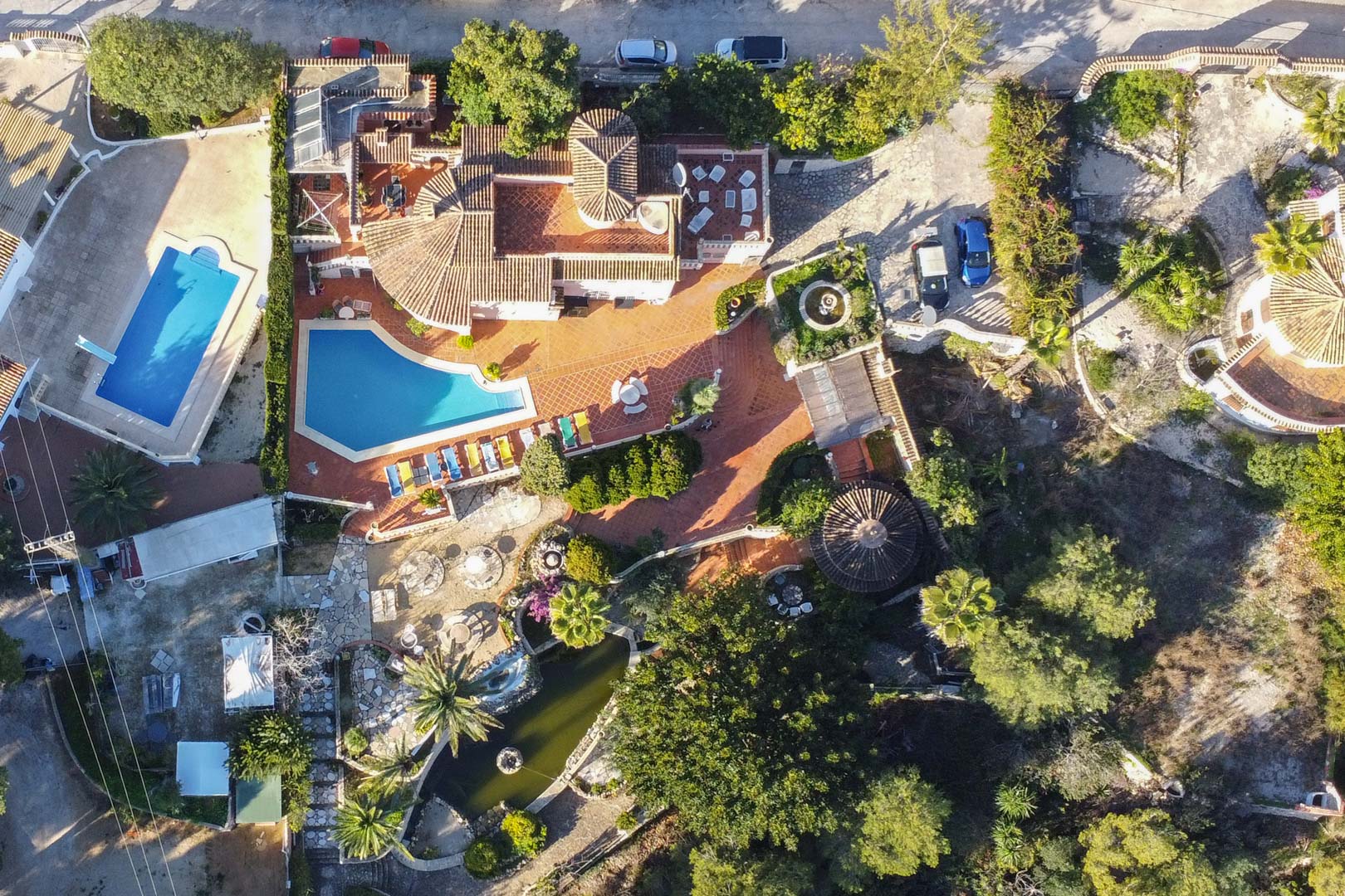 Vista aérea de la propiedad que muestra la piscina de forma irregular, amplias terrazas de terracota, un estanque ornamental con palmeras y la distribución integral de la parcela.