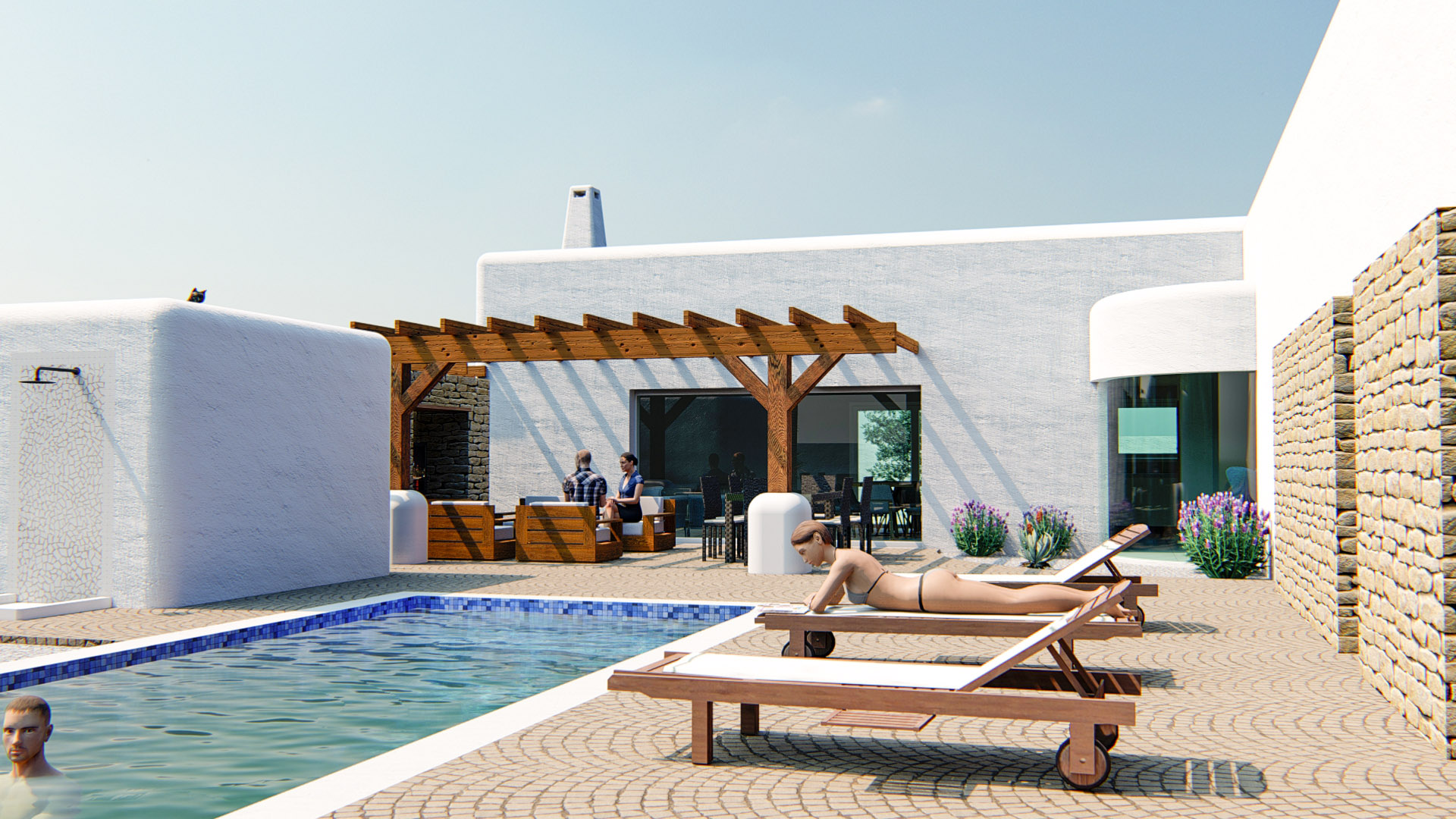 Exterior con piscina de gresite azul, terraza de pavés y pérgola de madera maciza. Fachada blanca de estilo ibicenco con muros de piedra natural y zona de solárium.