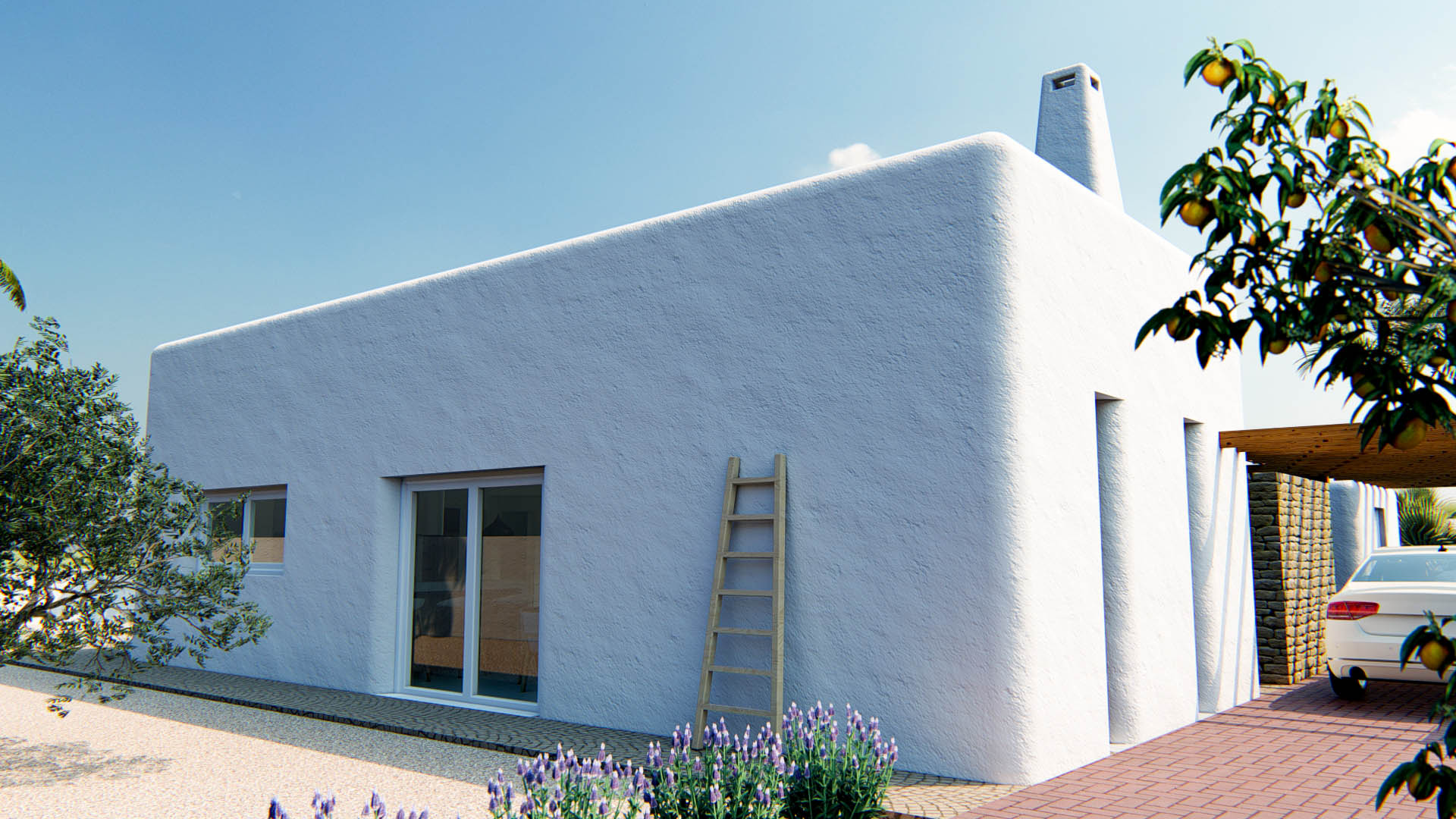 Exterior de estilo ibicenco con paredes de mortero blanco texturizado, esquinas redondeadas y una escalera de madera decorativa junto a plantas de lavanda.