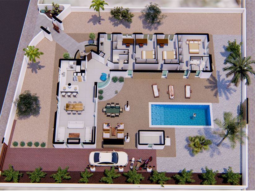 Plano 3D detallado que muestra la distribución de la villa, incluyendo el salón de planta abierta, tres dormitorios, la zona de piscina y el aparcamiento privado.