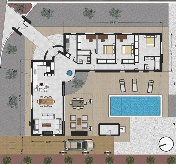 Plano detallado de la villa que muestra la distribución en planta baja con tres dormitorios, zona de estar de planta abierta, piscina exterior y zona de aparcamiento.