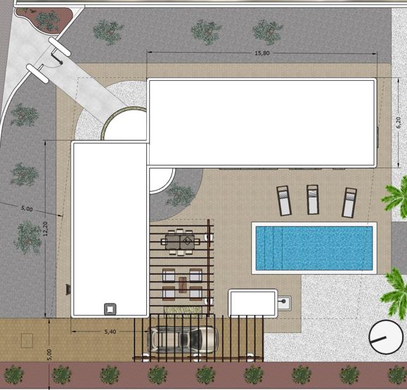 Plano técnico de la parcela que detalla la piscina rectangular, áreas de estar exteriores bajo pérgolas, zona de aparcamiento y dimensiones de la edificación.