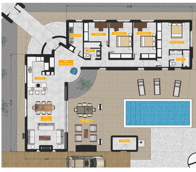 Plano técnico de la villa que detalla la distribución en L, incluyendo tres dormitorios, estudio, zona de estar abierta y el área exterior con piscina y pérgola.